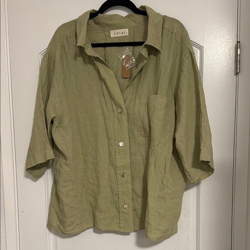SOLAI drop shoulder linen Olive Green Women's Top
